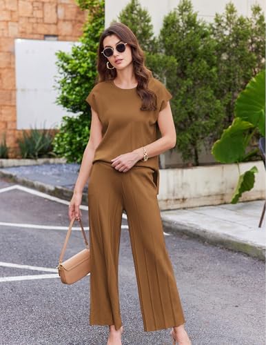 Ekouaer Lounge Sets for Women Two Piece Outfits Knit Cap Sleeve Tops Wide Leg Pleated Pants Casual Dressy Sweater Sets