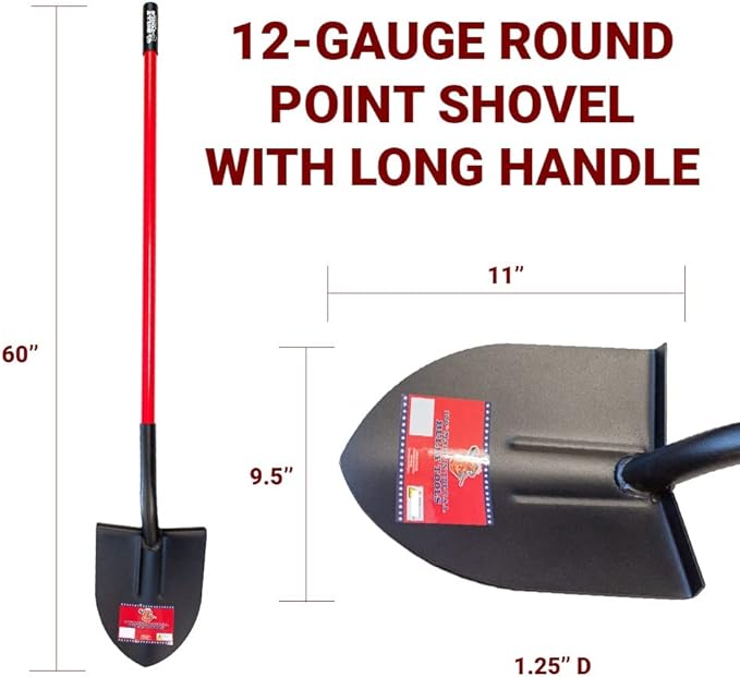 Bully Tools Round Point Heavy Duty Shovel - 12-Gauge Fiberglass Long Handle, Strong Metal Construction, Ideal for Gardening, Digging and Landscaping, Square and Flat Head Design - 100% Made in the USA