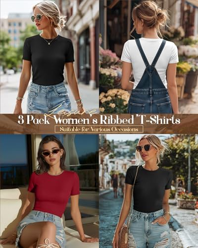 Ficerd 3 Pack Women's Ribbed Short Sleeve T-Shirts