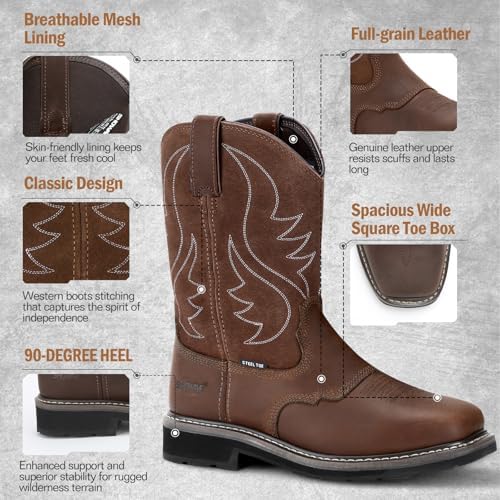 Showave Steel Toe Cowboy Boots for Men Western Square Toe Work Boot Full-grain Leather Safety Boots with Hazard Protection for Construction Manufacture Farming