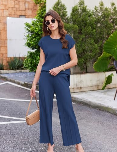 Ekouaer Lounge Sets for Women Two Piece Outfits Knit Cap Sleeve Tops Wide Leg Pleated Pants Casual Dressy Sweater Sets