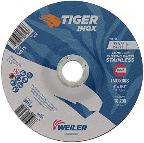 Weiler 58112 6 Inch Cutting Wheel, Tiger INOX Stainless Steel Contaminant-Free High Performance Cutting, .045" INOX60S Type 27 7/8" Arbor, Pack of 25