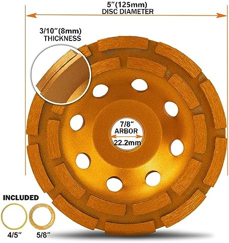 KSEIBI 644035 Diamond Concrete Grinding Wheel 5 inch for Polishing and Cleaning Stone Concrete Surface, Cement, Marble, Rock, Granite, and Thinset Removing, Angle Grinder Wheels Cup