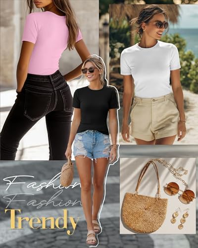 Ficerd 3 Pack Women's Ribbed Short Sleeve T-Shirts