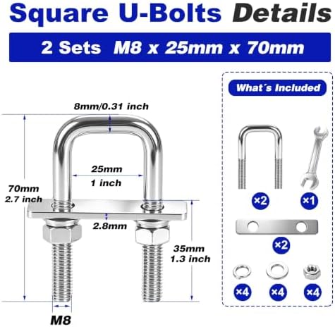 2 Pcs Heavy Duty M8 Square U Bolts Kit, 1 Inch Wide 304 Stainless Steel U-Bolt with Frame Plates and Washers, Marine Grade U Bolt M8 x 25mm W x 70mm L Trailer Axle Clamp