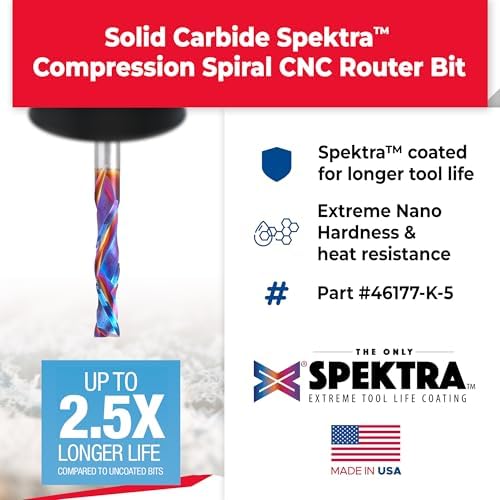 Amana Tool Spektra Extreme Tool Life Solid Carbide CNC Compression Spiral Router Bit, 46177-K-5 5 Pack, 1/4 D x 1-1/4 CH x 1/4 Shk x 3 Inch L 2 Fl