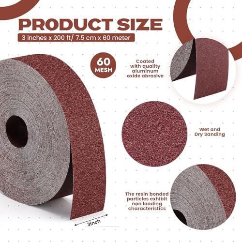 60 Grit Abrasive Sandpaper Roll 3''x 200 ft Drum Sander Sand Paper Roll Emery Cloth Rolls for Drum Sander Continuous Paper Wood Automotive Polishing