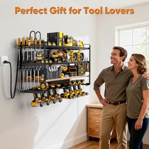 POKIPO Power Tool Organizer Wall Mount with Charging Station, 4 Tier Tool Battery Storage Rack Built in 8 Outlet Power Strip for Garage, 33" W, Black Wood