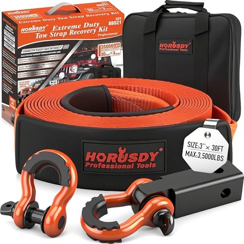 HORUSDY Nylon Heavy Duty Tow Strap Recovery Strap with Hooks 3" x 30Ft - 35,000 LBS Break Strength, 2" Shackle Hitch Receiver + 3/4 D Ring Shackles (2pcs), Recover Your Vehicle Stuck in Mud/Snow