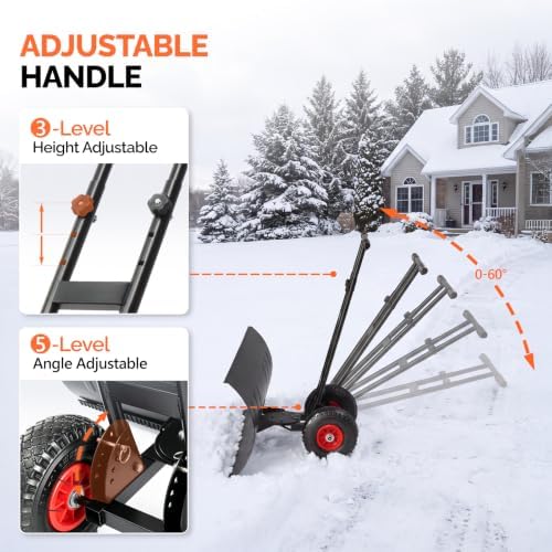 VINGLI 36‑Inch Snow Pusher with Wheels, Metal Snow Shovel for Driveway
