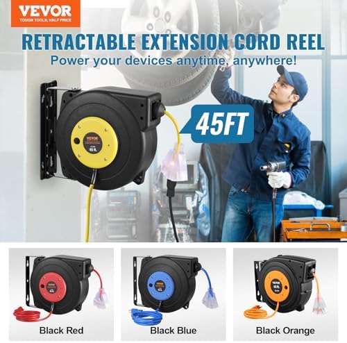 VEVOR Retractable Extension Cord Reel, 45 FT, Heavy Duty 12AWG/3C SJTOW Extension Power Cord with Lighted Triple Tap Outlet, 15A Circuit Breaker 180° Swivel Bracket for Ceiling or Wall Mount, Yellow