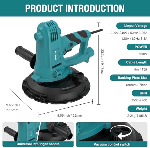 Drywall Sander, 750W Electric Drywall Sander with Vacuum Dust Collection, Variable Speed 1500–2700 RPM Wall Sander with 180mm Sanding Disc & Complete Accessories