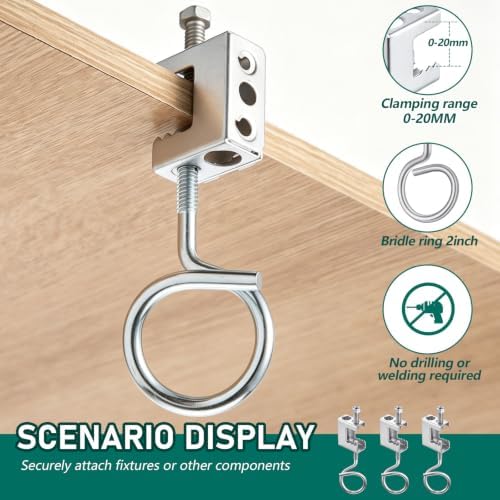 Tandefio 100 Set 1/4"-20 Spring Steel Beam Clamps Metal Beam Hangers Bolt on Clamp with Metal Machine Threaded Bridle Rings for Pipe Cable Woodworking Tool (Silver,1 1/4 Inch Bridle Rings)