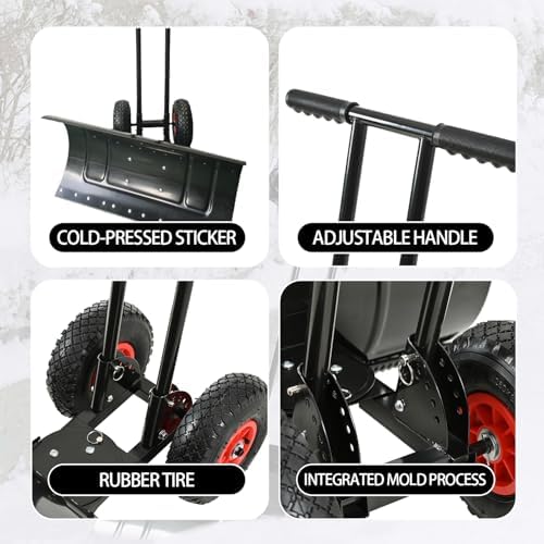 Snow Shovel with Wheels for Driveway, Heavy Duty Snow Pusher with Wheels and Angled Blade for Efficient Snow Removal, Back Saver Snow Plow with Safety Reflective Tape (Black)