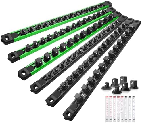 Reniteco Magnetic Socket Organizer Set, 6-Piece 1/4” 3/8” 1/2” Socket Rails | 80-Clip: 1/4" Rail-28 Clips, 3/8" Rail-24 Clips, 1/2" Rail-28 Clips, Heavy-Duty Aluminum Alloy Rails, Drawer or Wall Mount