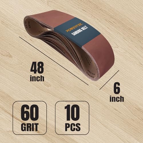 POWERTEC 6 x 48 Inch Sanding Belts, 10PK, 60 Grit Aluminum Oxide Belt Sander Sanding Belt for Bench Belt Sander, Wood & Paint Sanding, Metal Polishing (110170)