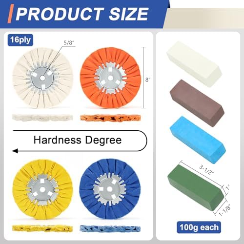 16ply Aluminum Buffing Wheels Kit 8pcs, 8" Airway Buffing Wheels for 5/8" Arbor Angle Grinder, with Polishing Compound 4pcs, for Metal Rim Rig Aluminum Brass
