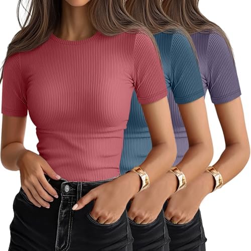Ficerd 3 Pack Women's Ribbed Short Sleeve T-Shirts