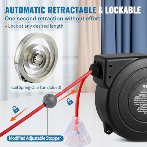 VEVOR Retractable Extension Cord Reel, 45 FT, Heavy Duty 12AWG/3C SJTOW Extension Power Cord with Lighted Triple Tap Outlet, 15A Circuit Breaker 180° Swivel Bracket for Ceiling or Wall Mount, Red