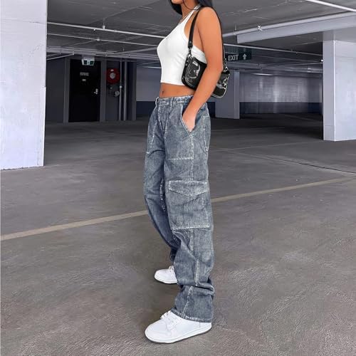 Lepunuo Cargo Pants for Women High Waisted Casual Pants Baggy Stretchy Wide Leg Y2K Streetwear with 6 Pockets