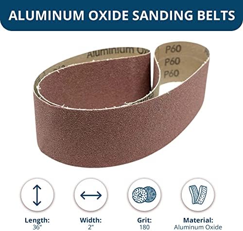 Benchmark Abrasives 2" x 36" Aluminum Oxide Sanding Belts for Grinding Deburring Polishing Rust Removal on Metal, Stainless Steel, and Carbon Steel, Use with Belt Disc Sander (6 Pack) - (180 Grit)
