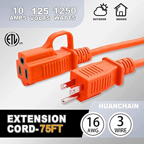 HUANCHAIN Indoor Outdoor Orange Extension Cord 75 FT Waterproof 16/3 Gauge