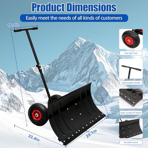 30” Snow Shovel with Wheels, Snow Pusher with Adjustable Angle & Height Handle, Snow Removal for Driveway Sidewalk, Ergonomic Double-Rod Design, Easy Assembly (Single Rod)