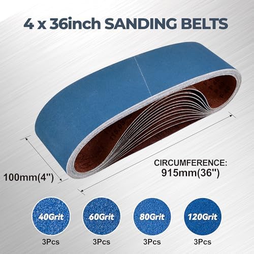4 x 36 Inch Zirconia Sanding Belts 12Pcs, 3 Each of 40/60/80/120 Grit