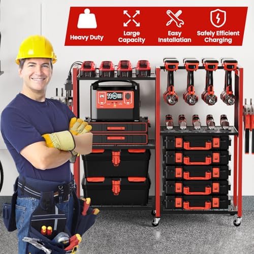 Heavy-Duty Power Tools Organizer Cart with Charging Power Strip, 6-Tier Rolling Utility Cart with 8 Hooks and 6 Load-Bearing Wheels, Garage Tool Storage Rack for Workshop for Men
