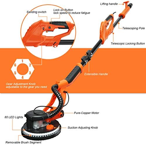 Goplus 750W Drywall Sander, Electric Foldable Sander Machine w/Dust-Free Automatic Vacuum System, 6 Variable Speed 800-1750 RPM, Double-Deck LED Lights, 12 Sanding Disks & Carrying Bag (Foldable)