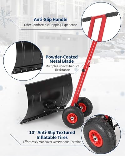 GarveeTech 29x19.8 in Rolling Snow Shovel on Wheels, Metal Snow Pusher