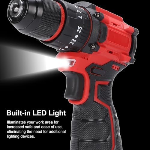 16.8V Screwdriver and Electric Drill Set, With 3 Batteries, 25 Accessories and Tool Bag, for Home DIY, Woodworking, Red