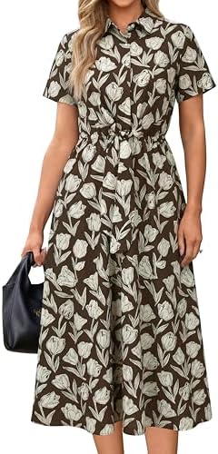 Newshows Women's Work Business Casual Outfits Tie Waist Midi Shirt Dress