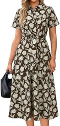 Newshows Women's Work Business Casual Outfits Tie Waist Midi Shirt Dress