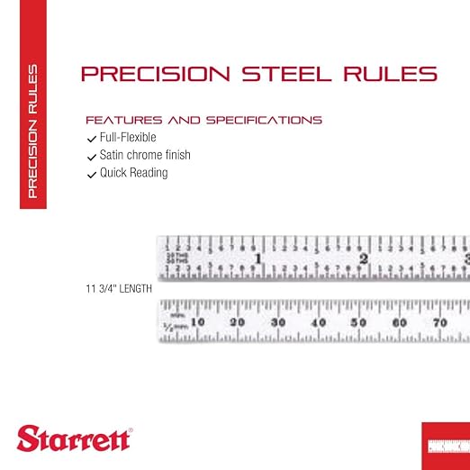 Starrett Full Flexible Steel Rule with Satin Chrome Finish, Quick Reading, and Inch Graduation - 34 Graduation, 11-3/4" Length, 0.4mm Thickness - C334-300