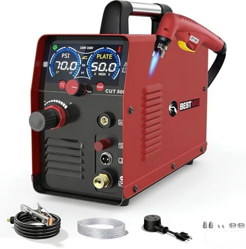 50A Plasma Cutter,2-In-1 Non-High Frequency Pilot Arc Plasma Cutter Machine,110/220V Dual Voltage Large LED Display Plasma Cutting Equipment 1/2"Clean Cut 3/5"Max Cut,PA/PT/2T/4T for Beginners DIY