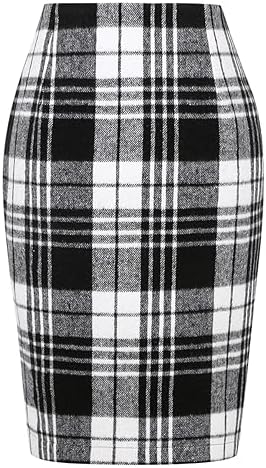 IDEALSANXUN Plaid Skirts for Women Fall Winter Knee Length Pencil Wool Skirt with Slit