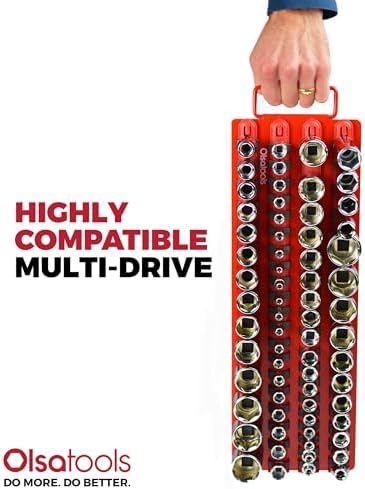 Olsa Tools 80-Slot Portable Socket Organizer Tray With Handle Red/Black | Socket Tray With Clips for 1/4-Inch, 3/8-Inch & 1/2-Inch Drive Sockets - Professional-Grade Tool Organizer - Part: 1047