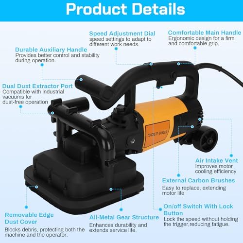 4-Head Electric Diamond Polisher Machine, 8" grinding diameters and 3pcs Diamond Grinding Wheels, 3800W Concrete Grinder for Polishing Stone Concrete Surface, Metal Descaling and Thinset Removing