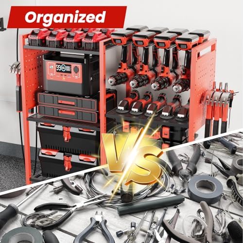 Heavy-Duty Power Tools Organizer Cart with Charging Power Strip, 6-Tier Rolling Utility Cart with 8 Hooks and 6 Load-Bearing Wheels, Garage Tool Storage Rack for Workshop for Men