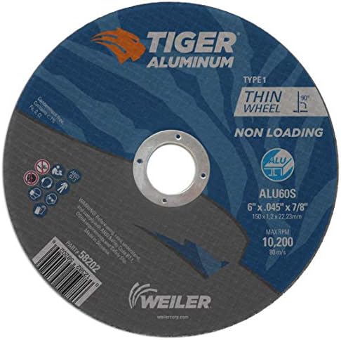Weiler 58202 6 Inch Cutting Wheel, Tiger Aluminum Non-Loading Contaminant-Free High Performance Cutting, .045" ALU60S Type 1 7/8" Arbor, Pack of 25