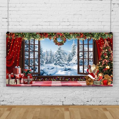 20x10ft Christmas Window Backdrop for Photography Winter Wonderland Snow Mountain Christmas Tree Photo Background Xmas Theme Holiday Party Decorations Banner Family Photoshoot Background