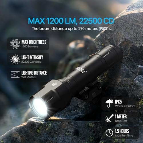 Feyachi Rifle Light 1200LM 22500Candela WL25 Tactical AR Flashlight LED Outdoor Light with Pressure Switch & Picatinny Rail Mount, 3 Modes - High/Low/Strobe (Pic & Mlok-Black)