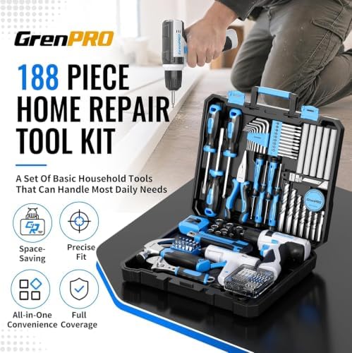 GRENPRO 188PC Blue Cordless Drill Tool Set for Wo&Men Tool Kit for Home Box