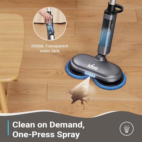 iDOO Cordless Electric Mop, Rechargeable Spin Mop with Water Spray & LED Headlight, Quiet Self Propelled Floor Cleaner, Lightweight Floor Scrubber for All Floors