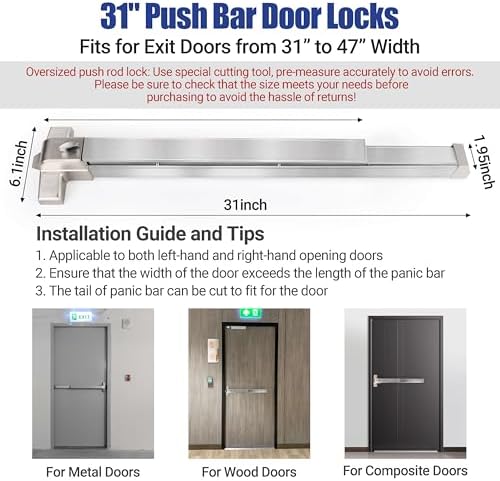 31" Commercial Push Bar Panic Exit Device with Exterior Lever Handle, 304 Stainless Steel Emergency Exit Door Hardware, Panic Bar Lock for 31"-47" Wood, Metal & Composite Doors, Reversible L/R