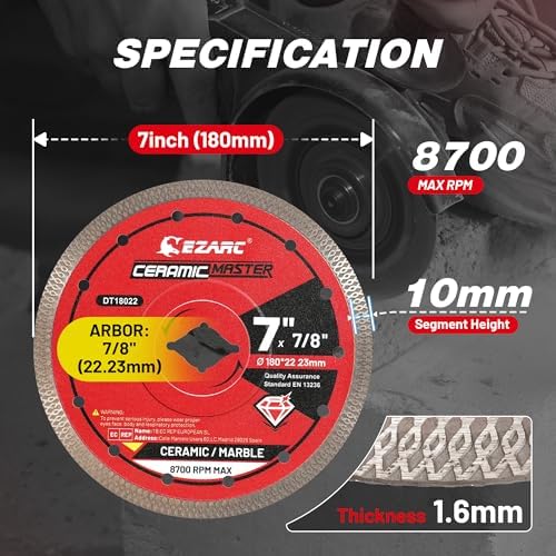EZARC 7 Inch Super Thin Diamond Tile Blade, 7/8"-5/8" Arbor, 1-Pack