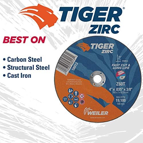 Weiler 58013 4-Inch Cutting Wheel, Tiger Zirc Metal Fast Cut & Long Life, High Performance Cutting, 0.035" Z60T Type 1 3/8" Arbor (Pack of 25)