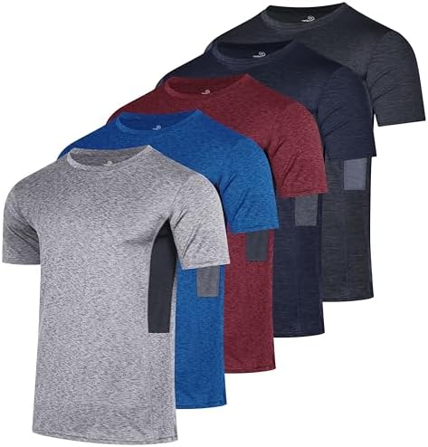 5 Pack Men's Dry Fit Workout T Shirts Crew Neck Athletic Gym Running Tees