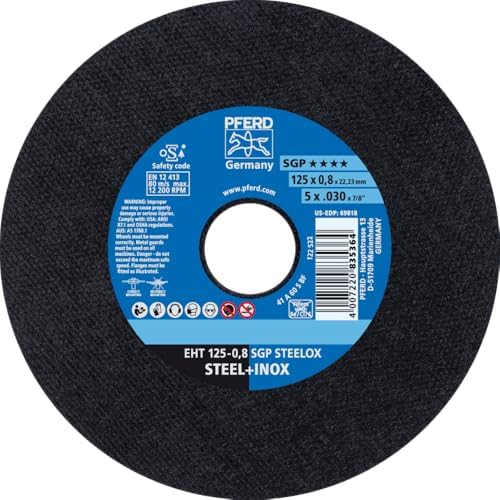 Pferd SGP STEELOX Type 1 Cut-Off Wheel, 5" x 0.030" x 7/8", Aluminum Oxide, 12,200 RPM High-Performance Metal Cutting Disc for Steel & Stainless Steel (Pack of 25) – Part 69818